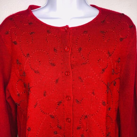 Womens Cardigan Sweater Size M Red Floral Embroidered Soft - Picture 2 of 7